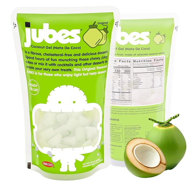 Jubes Pandan Nata De Coco Jelly Cubes, 12.7 oz (Pack of 24) – Coconut Gel in Syrup, Pandan Jelly Cubes for Sago, Boba, Fruit Tea, Yogurt, Ice Cream, Desserts