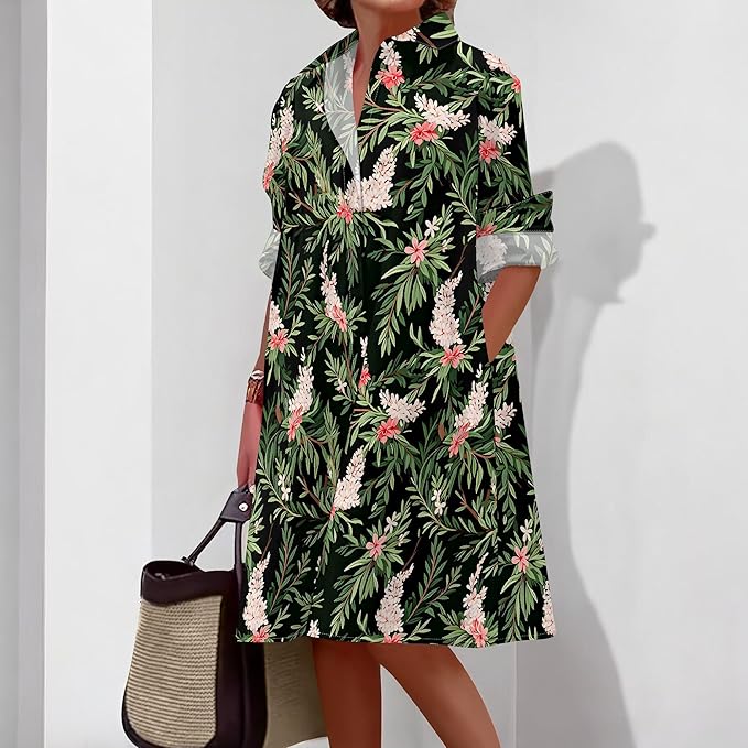 Shirt Dresses for Women 2025 Summer Long Sleeve Casual Plus Size Floral Printed Beach Vacation Dress with Pockets