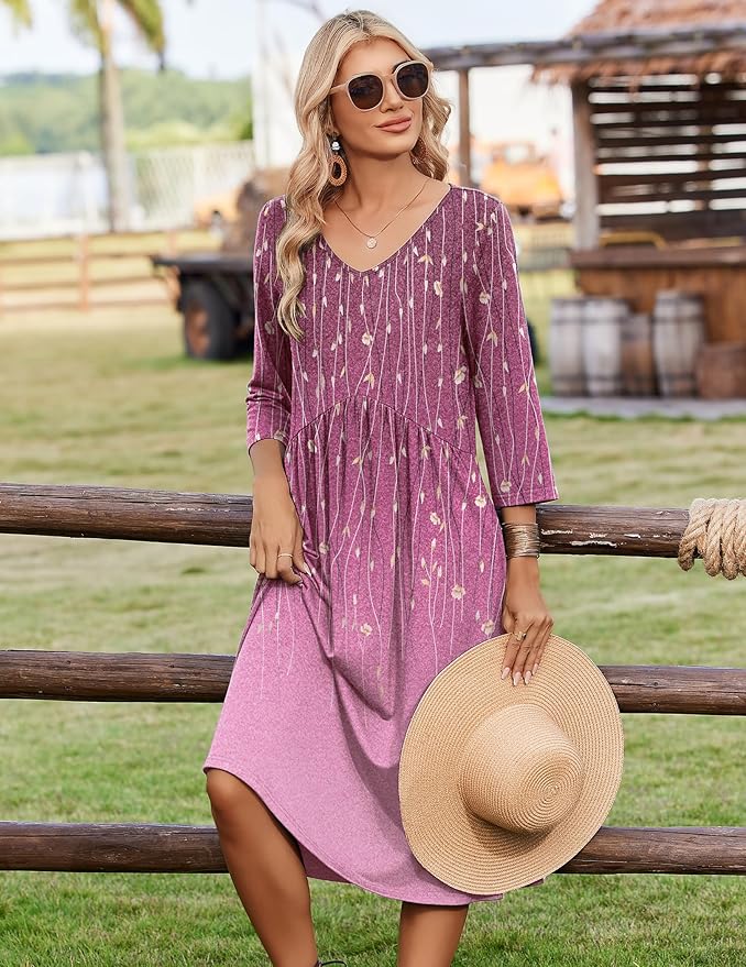 ZEAGOO 3/4 Sleeve Women's Dress Casual Flowy A-Line Midi Tshirt Dresses with Pocket Empire Waist Summer Boho Beach Sundress