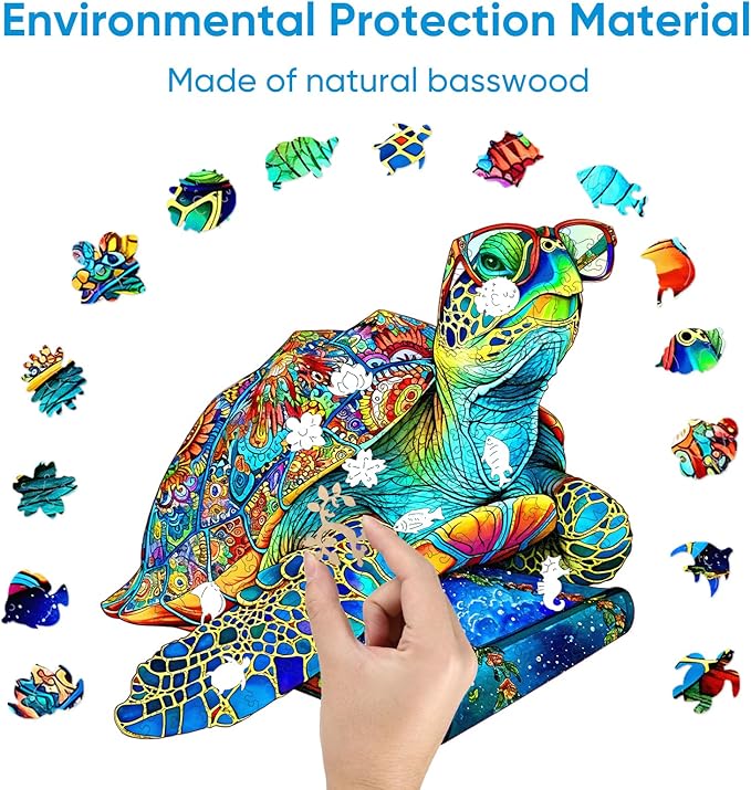 Reouinty Wooden Puzzles for Adults 500 Pieces, Glasses Sea Turtle Deep Blue Jigsaw Puzzles, Unique Shape Animal Adult Puzzles, Irregular Wood Puzzles Best Gift for Adults Family Game(16.9 * 16.8 in)