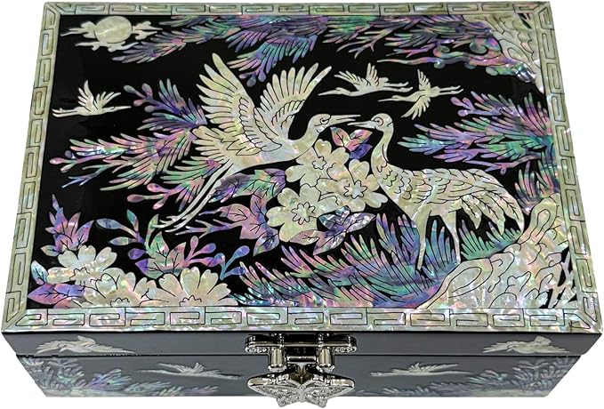 Nacreh Mother of Pearl Korea Traditional Crane Jewelry Ring Necklace Trinket Wooden chest Box - Inlay with Sea Shell Gifts for Women