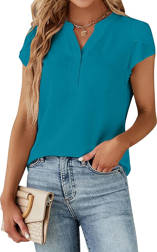 Blooming Jelly Women's Dressy Casual Tops Business Work Blouses White Button Down Shirts Cap Sleeve V Neck Tshirt