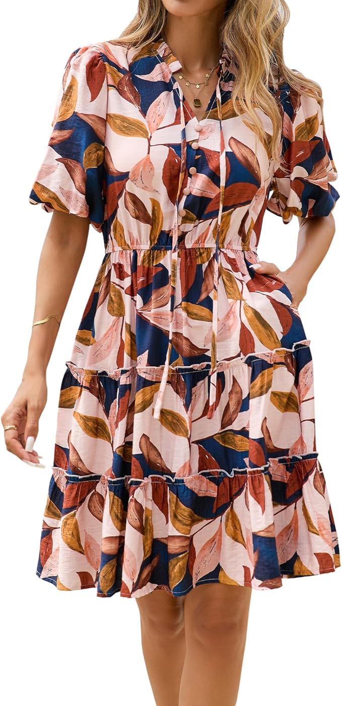 BTFBM Women Summer Floral Short Dresses V Neck Short Sleeve Tiered Ruffle Boho Swing Dress A-Line Mini Dresses