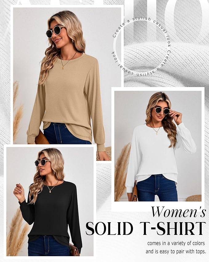 Ficerd 3 Pack Women's Long Sleeve Shirts, Cotton Crew Neck Tunic Tops Casual Loose Fit Pullover Sweatshirts Curved Hem Shirts