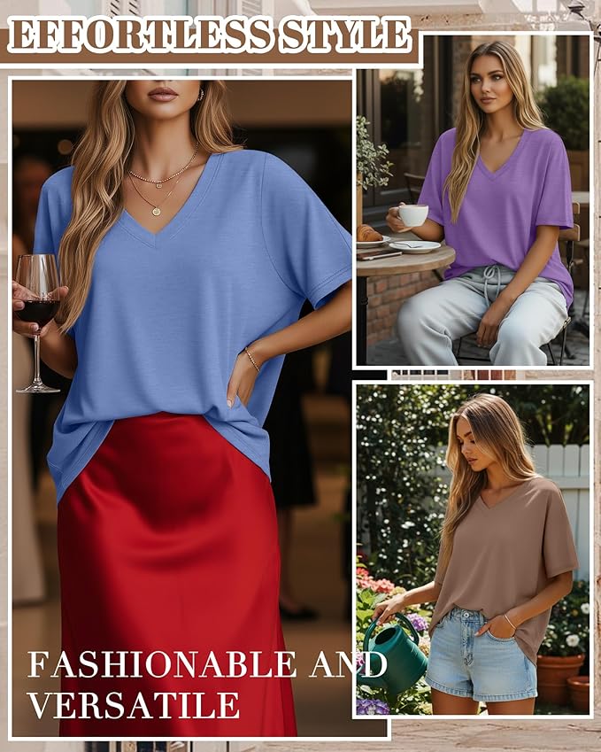 Huukeay Women's Cotton Oversized T Shirts 3 Pack V Neck Loose Fit Half Sleeve Tops Baggy Casual Summer Gym Workout Tees 2026