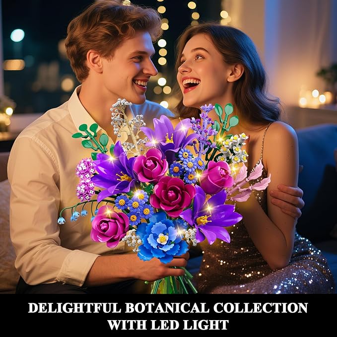 CUBIMANA Valentines Flowers Bouquet Building Set with LED Light, 21 Flower Botanical Collection Block Toy, Rose Lily Home Plant Decor 1054PCS, Gifts for Her Adults Women Mom Kids Girls 12+ (Purple)