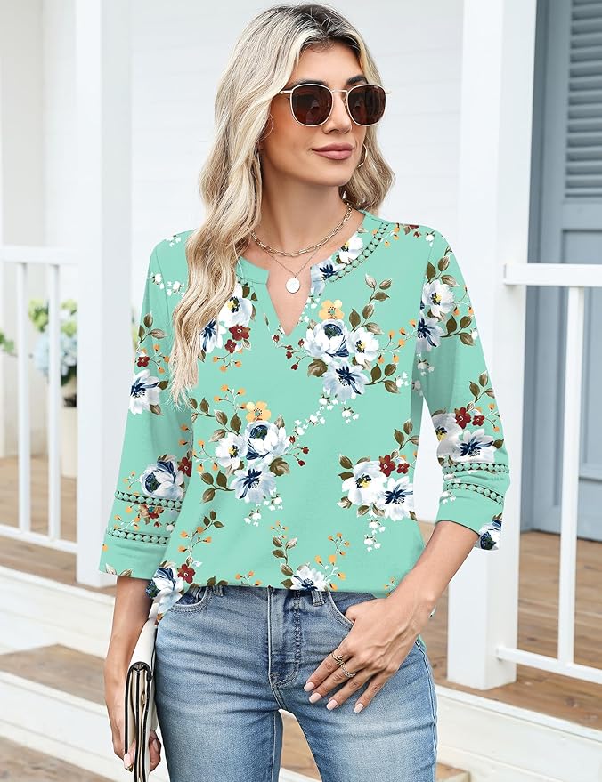 Ivicoer 3/4 Length Sleeve Womens Tops V Neck Lace Embroidered Summer Blouses Loose Fit Tunic Dressy Casual