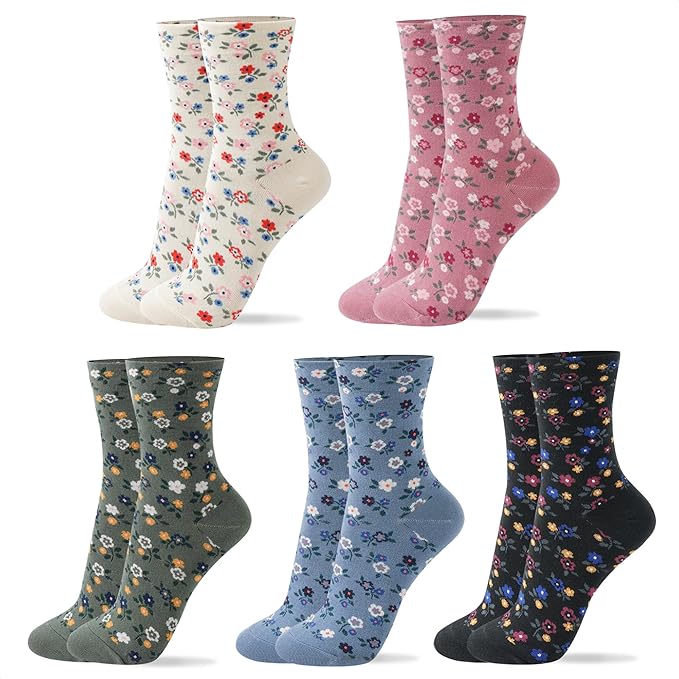 Kikiya Women's Cotton Crew Socks - Cute Flower Graphic Polka Dot Striped Heart Patterned - Ladies Girls Casual Socks Size 6-8