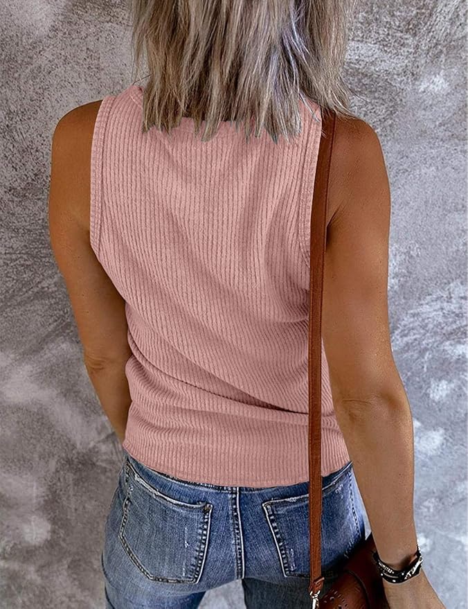 MEROKEETY Women's 2026 Summer Sleeveless Tank Tops V Neck Ribbed Dressy Casual Henley Shirts Button Loose Cami Tees