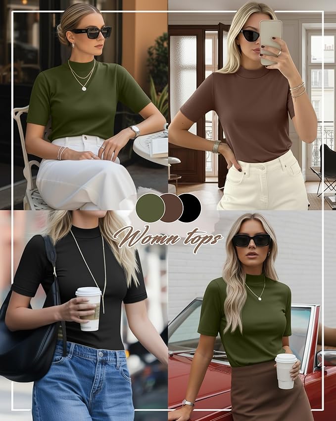 Ficerd 3 Pack Women's 1/2 Sleeve Mock Turtleneck Shirts, Elbow Length Shirt Half Sleeve Tunic Top Casual Summer Basic Tees