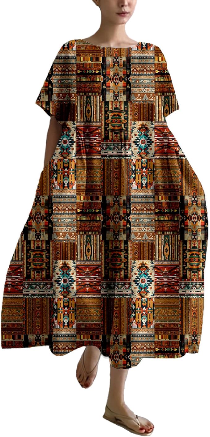 MARSVOVO Patchwork Flowy Dresses for Women Plus Size Loose Casual Tunic Dress Elegant Crewneck Maxi Dresses with Pockets
