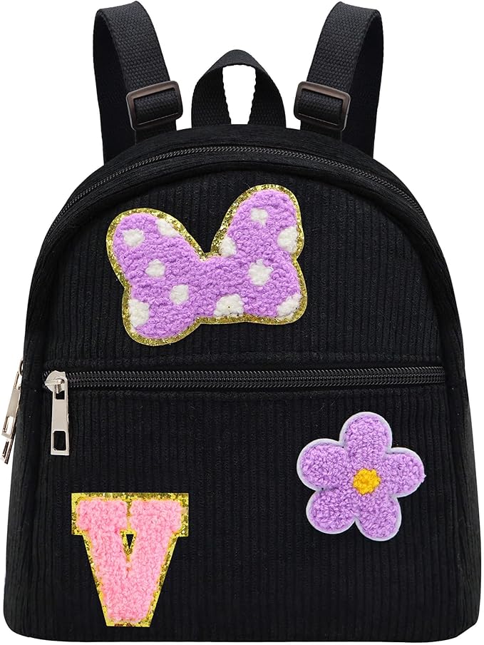 2 3 4 5 6 Year Old Girl Gifts Chenille Initial Mouse Bow Mini Backpack, Corduroy Toddler Backpacks Christmas Birthday Gifts for Girls 2-4 5-6, Black Mini Diaper Bag Must Haves for Park Travel Letter V