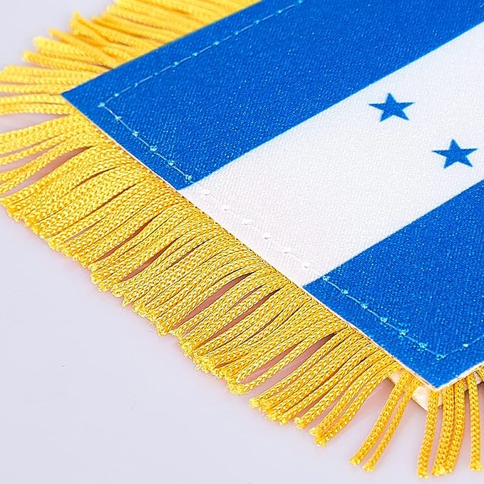 ZXvZYT 3 X 5 Inch Honduras Window Hanging Flag Honduran Small Mini Car Flags Banners Rearview Mirror Decoration - with Suction Cup & Golden Fringy Banner(2 Pack)