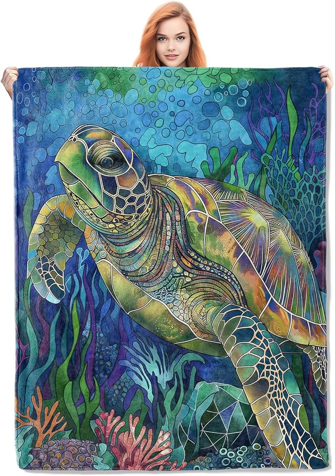 Sea Turtle Blanket, Underwater Scene Flannel Throw Blankets,Soft Warm Lightweight Cozy Plush Animal Turtle Throws for Bedroom Sofa Office Home Decor Gifts for Lovers Women Girls 60"x50"