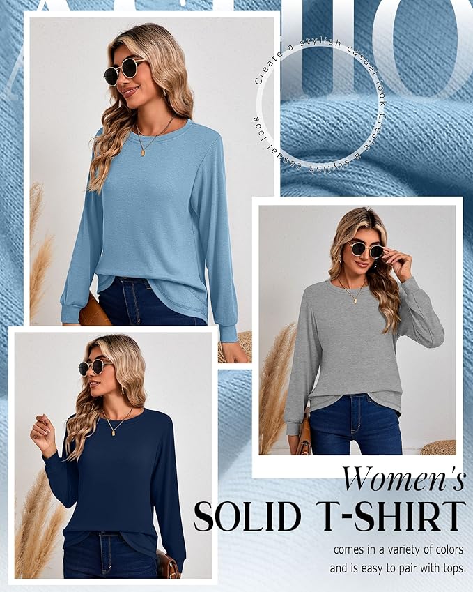 Ficerd 3 Pack Women's Long Sleeve Shirts, Cotton Crew Neck Tunic Tops Casual Loose Fit Pullover Sweatshirts Curved Hem Shirts