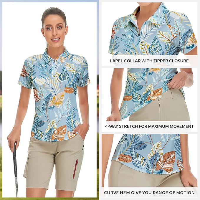 Women's Golf Shirt Short Sleeve Tennis Shirt Quarter Zip Golf Pullover Golf Polo Shirts Argyle Tops