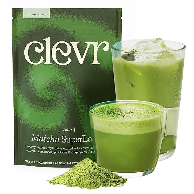 Clevr Matcha SuperLatte, Instant Ceremonial Grade, Superfood Powder Blend with Oat Milk, Lions Mane, Reishi Mushroom, Coconut Cream, Ashwagandha, Serve Hot or Iced, (14 Lattes)