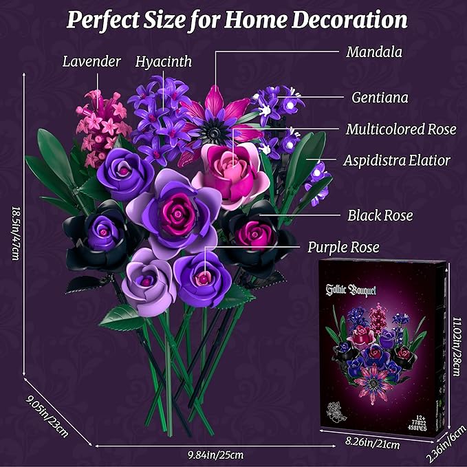 Teefrye Purple Rose Bouquet Building Set: Compatible with Lego Flowers for Adults Women Gothic Artificial Botanical Collection Halloween Christmas Valentine's Gifts Home Decor