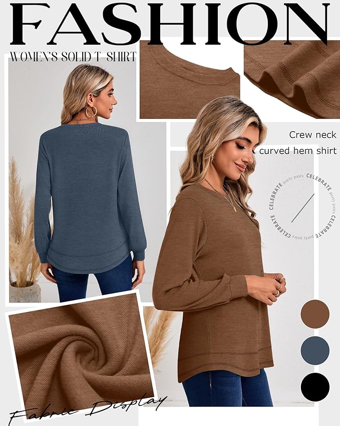 Ficerd 3 Pack Women's Long Sleeve Shirts, Cotton Crew Neck Tunic Tops Casual Loose Fit Pullover Sweatshirts Curved Hem Shirts