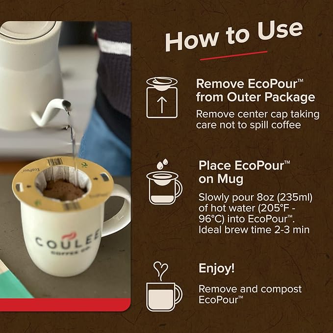 Coulée EcoPour She Devil Coffee, Single Serve Pour Over Arabic Coffee, Medium Roast, Use for Camping or Traveling, Pre Filled Compostable Filters, Ready to Brew with Hot Water, 10 Pack