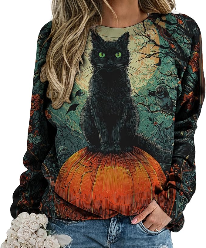 domirica Halloween Sweatshirt For Women Long Sleeve Crew Neck Sweatshirts Fall Halloween Costumes For Holiday Party 2025