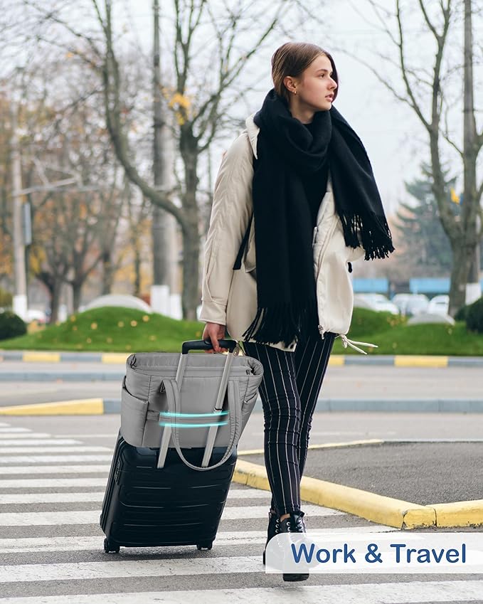 TOPDesign Puffy Tote Bag for Women with Cup Holder & Laptop Compartment & Cosmetic Bag & Trolley Sleeve for Work, Travel