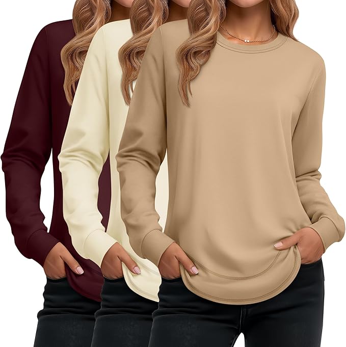 Ficerd 3 Pack Women's Long Sleeve Shirts, Cotton Crew Neck Tunic Tops Casual Loose Fit Pullover Sweatshirts Curved Hem Shirts