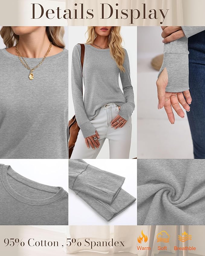 Huukeay 3 Pack Women's Long Sleeve Shirts with Thumb Holes, Cotton Casual Crew Neck Tunic Tops Fall Loose Y2k Trendy Outfits