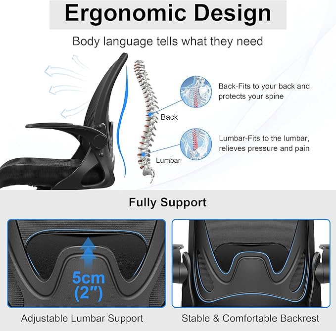Drafting Chair Tall Office Chair with Flip-up Armrests, Adjustable Height, and Enhanced Lumbar Support - Ergonomic Rolling Stool, Back Support, and Adjustable Foot Rest Ring for Standing Desk Black