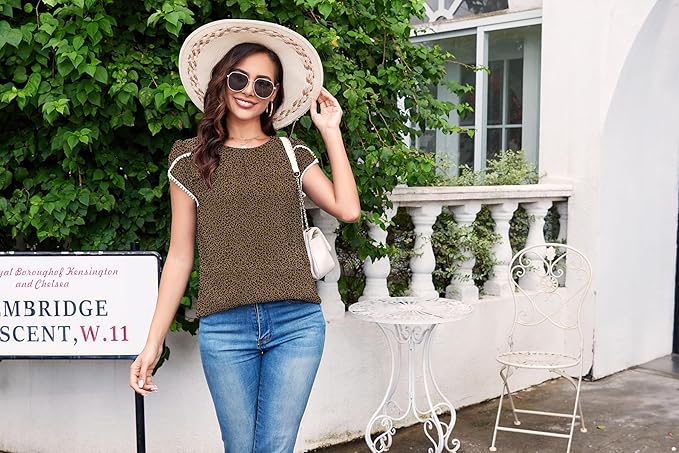 TASAMO Women's Casual Round Neck Basic Pleated Top Cap Sleeve Curved Keyhole Back Chiffon Blouse
