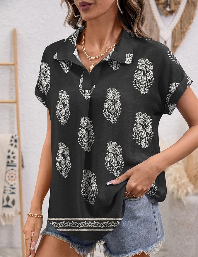 LOMON Women Blouses Spring Summer Tops for Women 2026 Short Sleeve V Neck Dressy Casual Collared Shirts Work Office