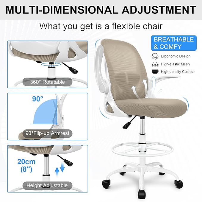 Primy Drafting Chair Tall Office Chair with Flip-up Armrests Executive Ergonomic Computer Standing Desk Chair with Lumbar Support and Adjustable Footrest Ring（Khaki）