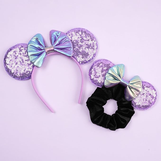 zhezesmila 4 Set Mermaid Mouse Ears Headband and Scrunchies Sequin Headband with Velvet Ears Scrunchies Hair Accessory for Women Birthday Party