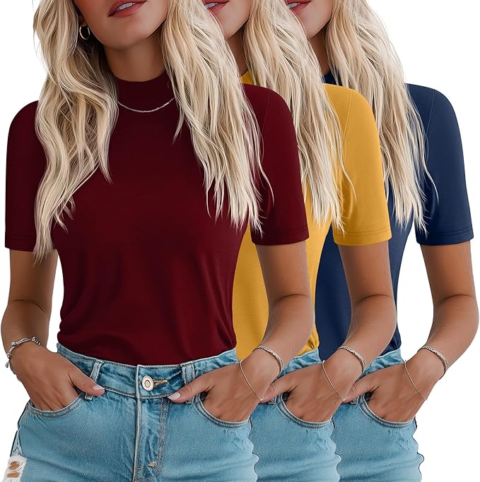 Ficerd 3 Pack Women's 1/2 Sleeve Mock Turtleneck Shirts, Elbow Length Shirt Half Sleeve Tunic Top Casual Summer Basic Tees