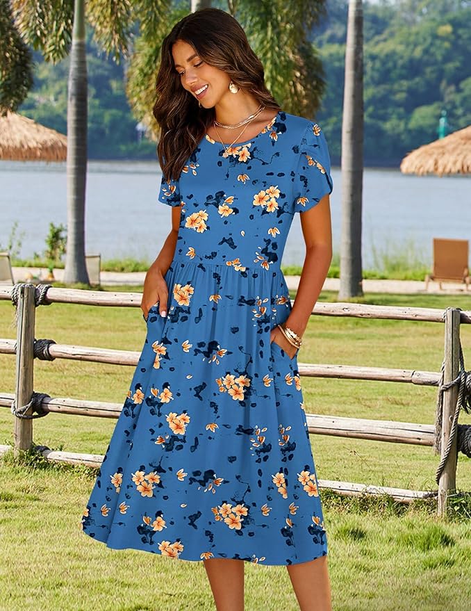 HOTOUCH Women's Summer A-Line Midi Dresses 2026 Casual Floral Short Sleeve T-Shirt Dress Flowy Beach Sundress with Pockets