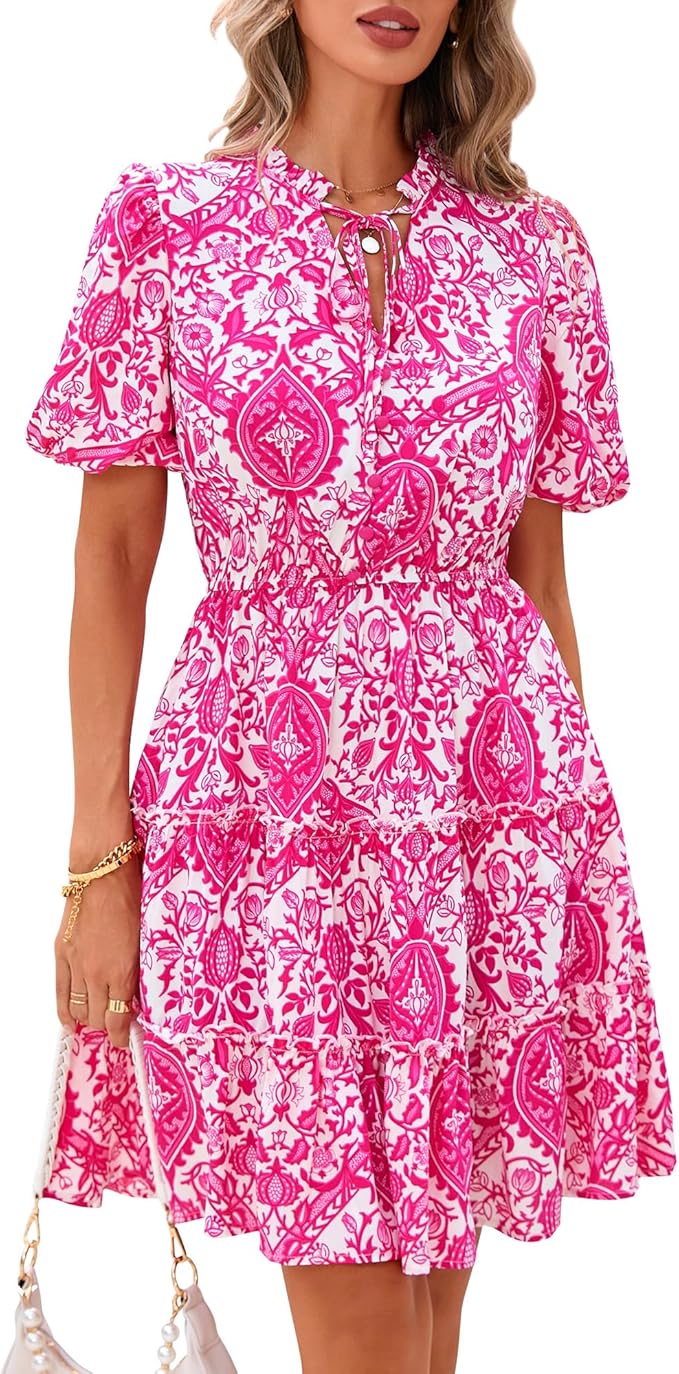 BTFBM Women Summer Floral Short Dresses V Neck Short Sleeve Tiered Ruffle Boho Swing Dress A-Line Mini Dresses