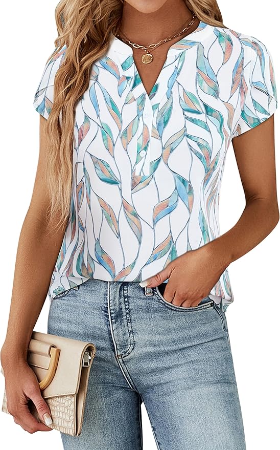Blooming Jelly Women's Dressy Casual Tops Business Work Blouses White Button Down Shirts Cap Sleeve V Neck Tshirt