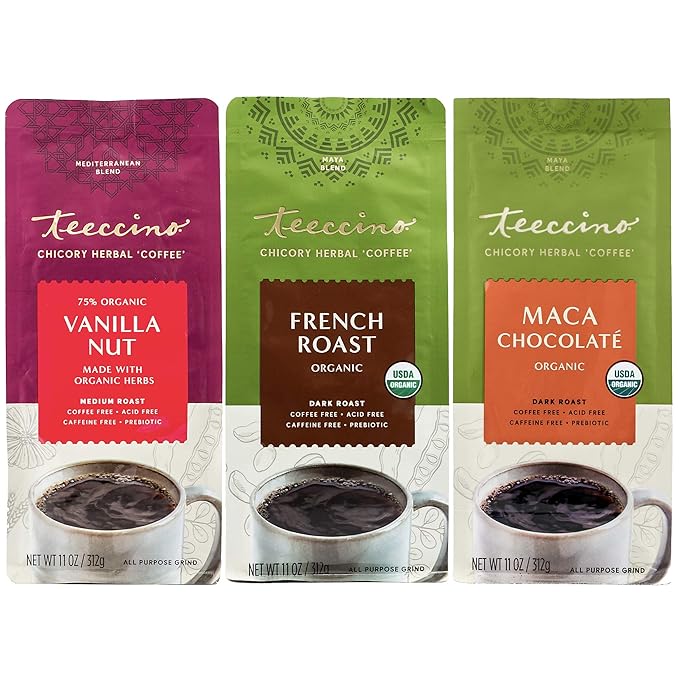 Teeccino Herbal Coffee Variety Pack - Vanilla Nut, French Roast, Maca Chocolaté - Ground Herbal Coffee That’s Prebiotic, Caffeine-Free & Acid Free, Dark Roast, 11 Ounce (Pack of 3)