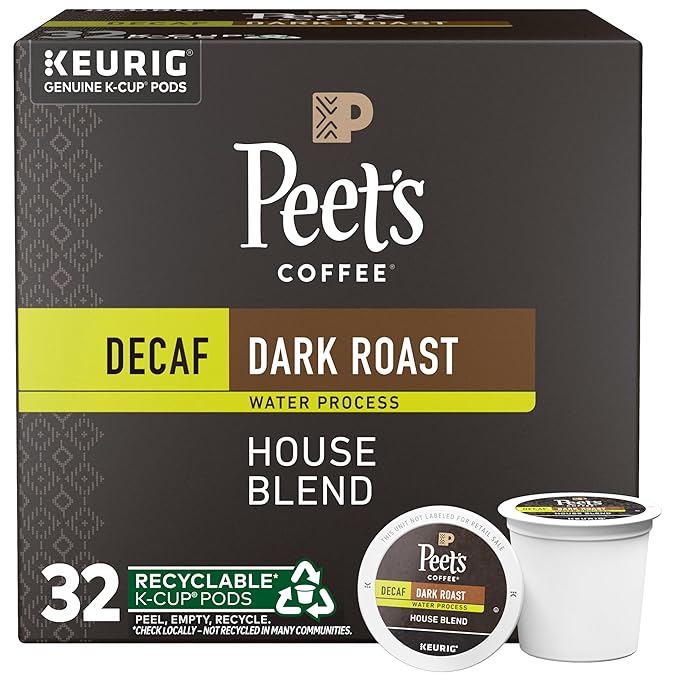 Peet's Coffee, Dark Roast Decaf Single Serve Coffee Pods - Decaf House Blend 32 Count (1 Box of 32 Pods)