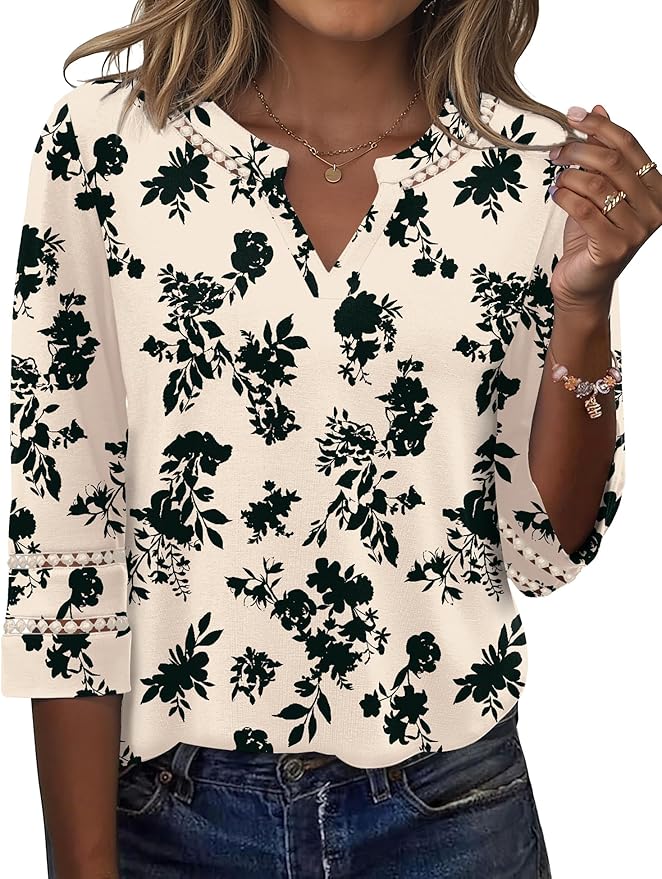 Ivicoer 3/4 Length Sleeve Womens Tops V Neck Lace Embroidered Summer Blouses Loose Fit Tunic Dressy Casual