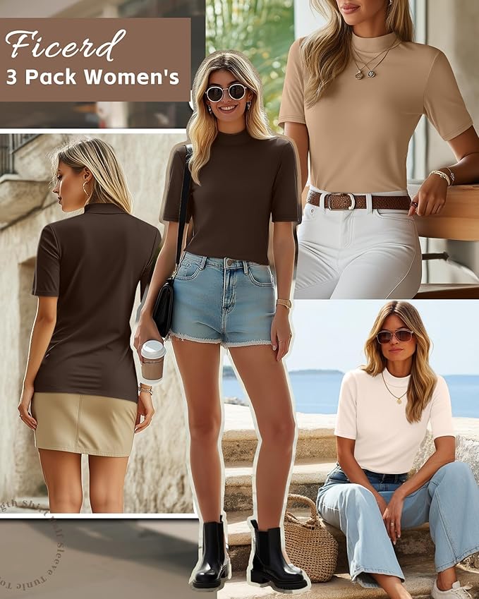Ficerd 3 Pack Women's 1/2 Sleeve Mock Turtleneck Shirts, Elbow Length Shirt Half Sleeve Tunic Top Casual Summer Basic Tees