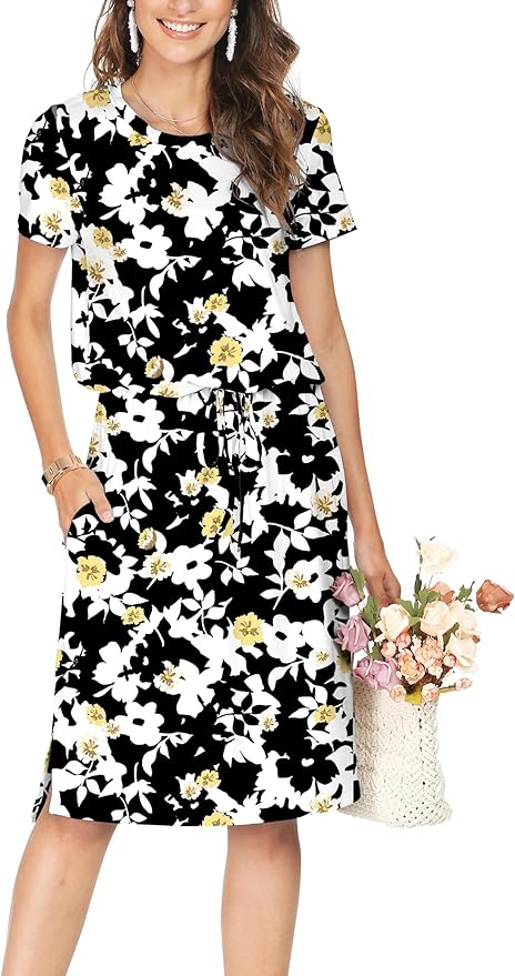 Simier Fariry Womens Spring Hide Belly Knee Length Travel Dress Pocket Summer Short Sleeve Midi Work Casual Outfits