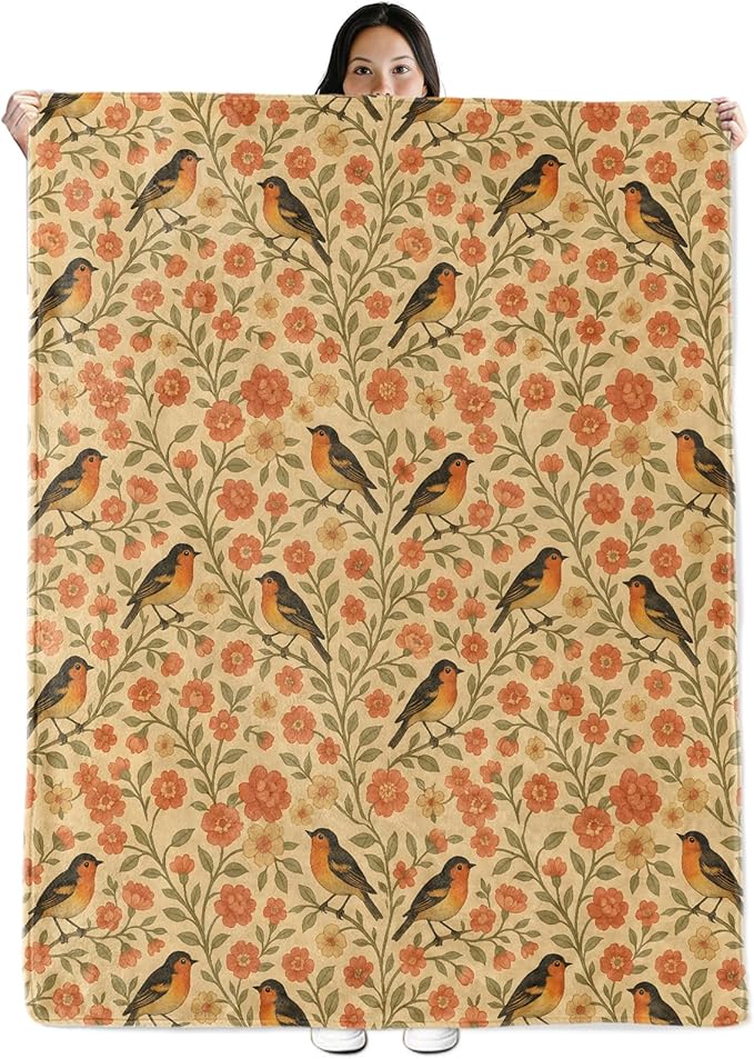 Bird Gifts, Songbird Theme Flannel Blanket for Women, Orange Bird and Floral Spring Birthday Throw Blankets for Kids, Girls, Travel Camping Sofa Living Room Decor 40x50 in