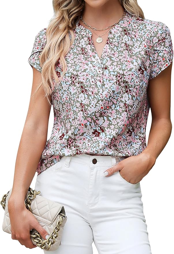 Blooming Jelly Women's Dressy Casual Tops Business Work Blouses White Button Down Shirts Cap Sleeve V Neck Tshirt