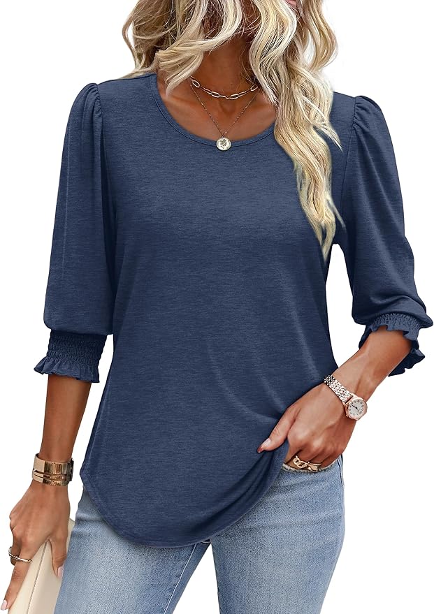 XIEERDUO Blouses for Women Dressy Casual 3/4 Length Sleeve Womens Tops with Smocked Cuffs