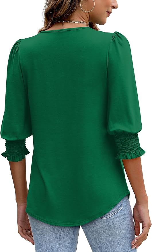 XIEERDUO Blouses for Women Dressy Casual 3/4 Length Sleeve Womens Tops with Smocked Cuffs