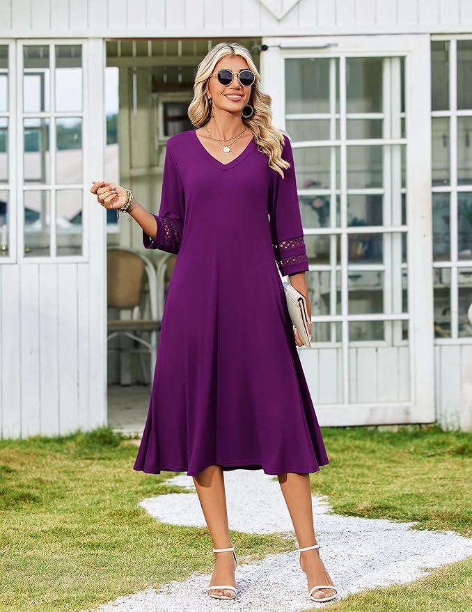 Zeagoo Women's Dresses 3/4 Sleeve Summer Casual V-Neck A Line Flowy Eyelet Midi Dress for Women Beach Vacation Sundress