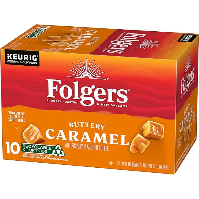 Folgers Buttery Caramel Artificially Flavored Coffee, Keurig K-Cup Pods, 10 Count Box (Pack of 6)