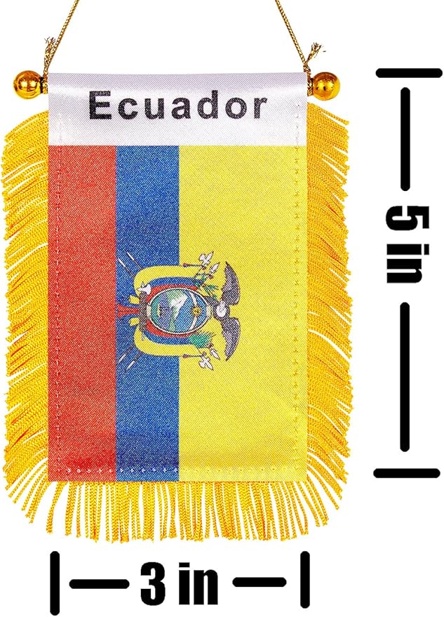 ZXvZYT 3 X 5 Inch Ecuador Window Hanging Flag Ecuadorian Small Mini Car Flags Banners Rearview Mirror Decoration - with Suction Cup & Golden Fringy Banner(2 Pack)