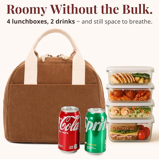 Insulated Brown Sugar Lunch Bag for Women, Stylish Corduroy Tote with Aluminum Lining, Large Capacity Reusable Cooler for Work, Travel, or Beach, Beige Cream Water-Resistant Lunch Box